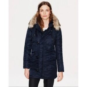 J Crew Military Parka Jacket Navy Blue Beige Faux Fur Hood Winter Sherpa Lined S